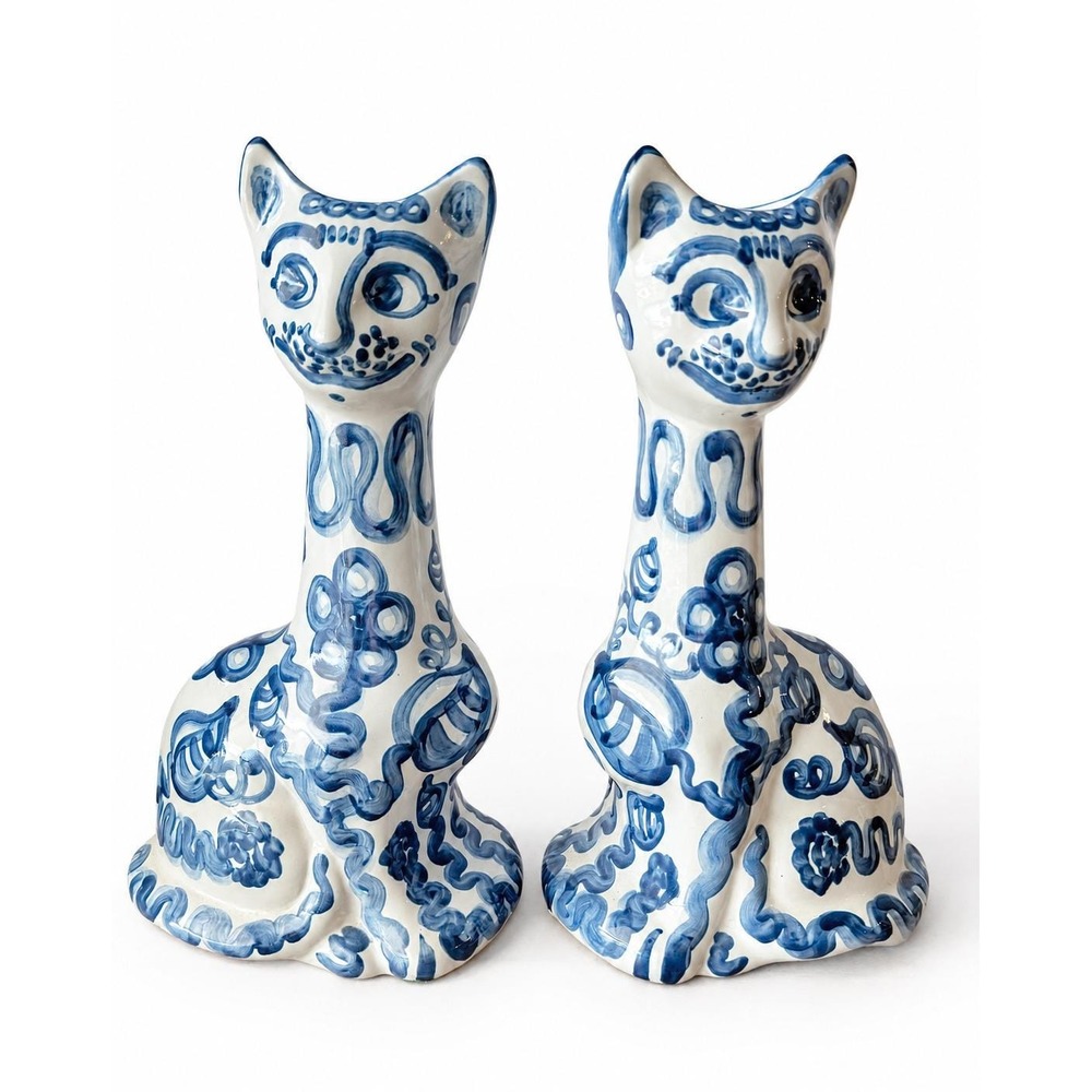 Vintage Pair MA Hadley Pottery 14.5" Tall Cat Vases Blue Hand Painted Stoneware